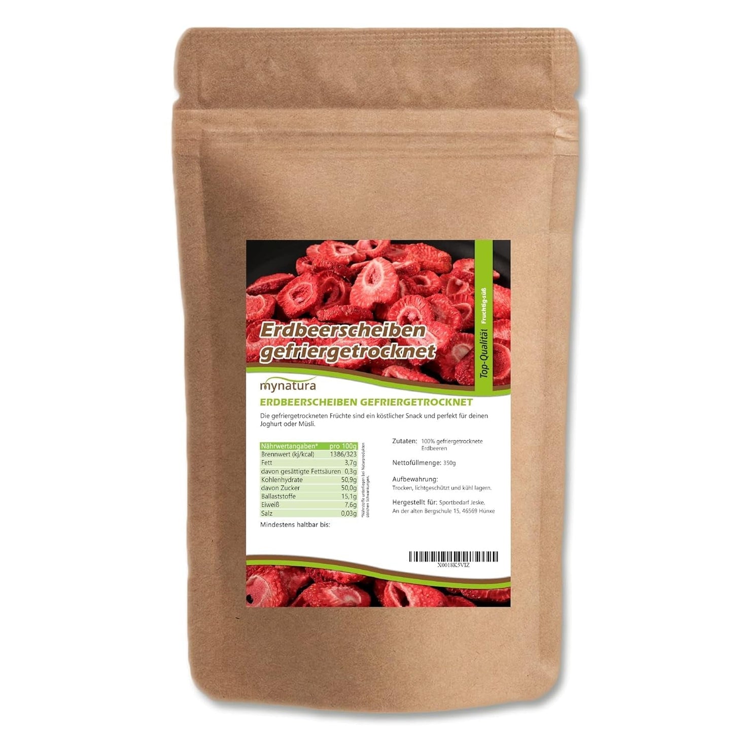 Mynatura frysetørrede jordbærskiver I grøntsager I naturlig I tørret frugt I frugt I - let tørret (1 x 350g) Dehydrerede produkter Naty Shop 350 G (1 pakke)
