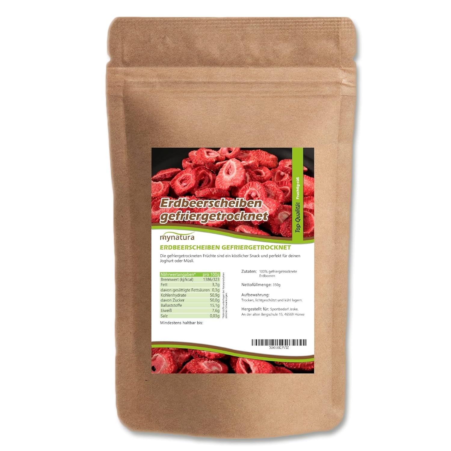 Mynatura frysetørrede jordbærskiver I grøntsager I naturlig I tørret frugt I frugt I - let tørret (1 x 350g) Dehydrerede produkter Naty Shop 350 G (1 pakke)