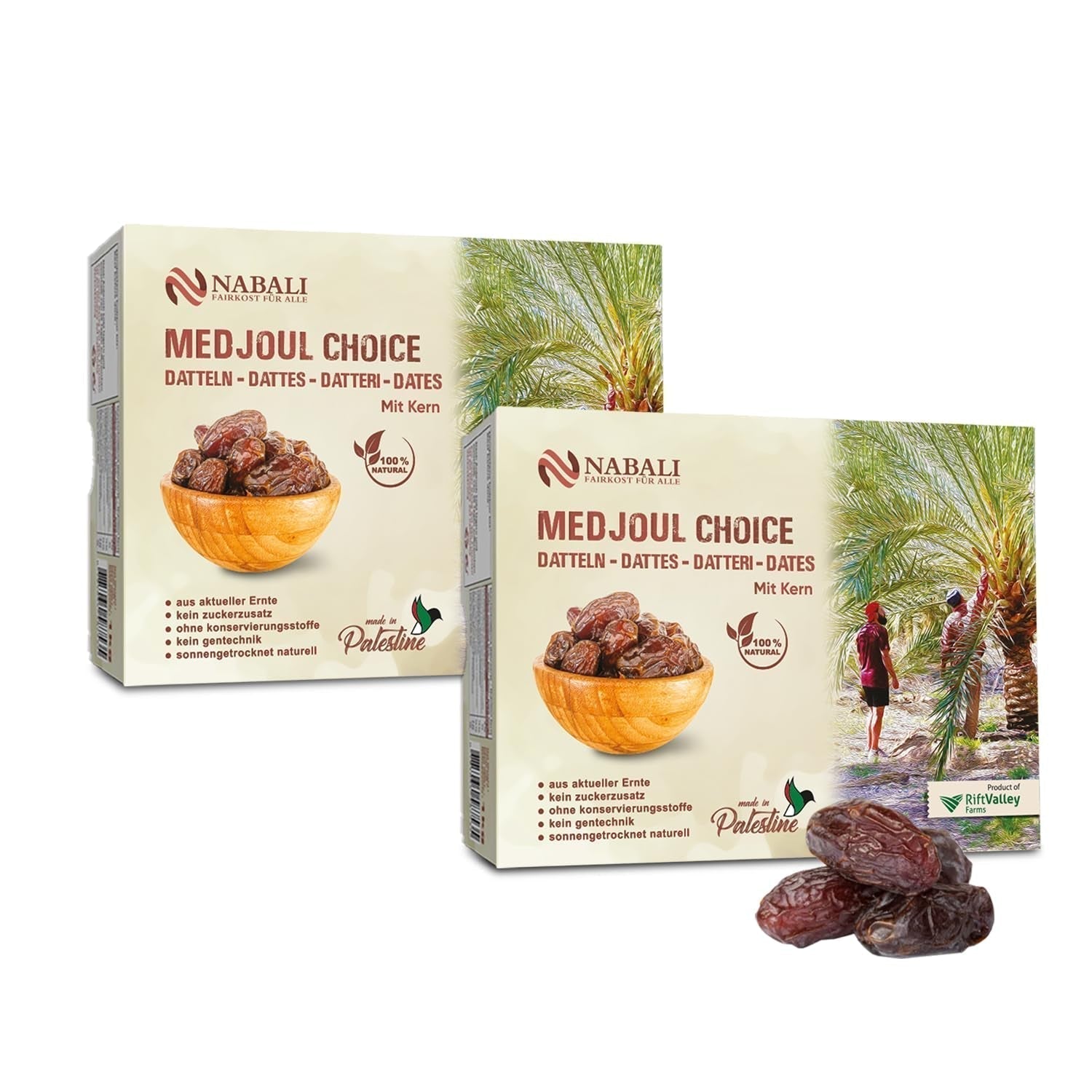 NABALI FAIRKOST FOR ALLE Medjoul - Medjool Dates Choice I - 100% naturlig aromatisk frisk orientalsk blød I sød som honning og karamelliseret I Oprindelse: Palæstina I (1x1KG) Dehydrerede produkter Naty Shop 2 kg (1 pakke)