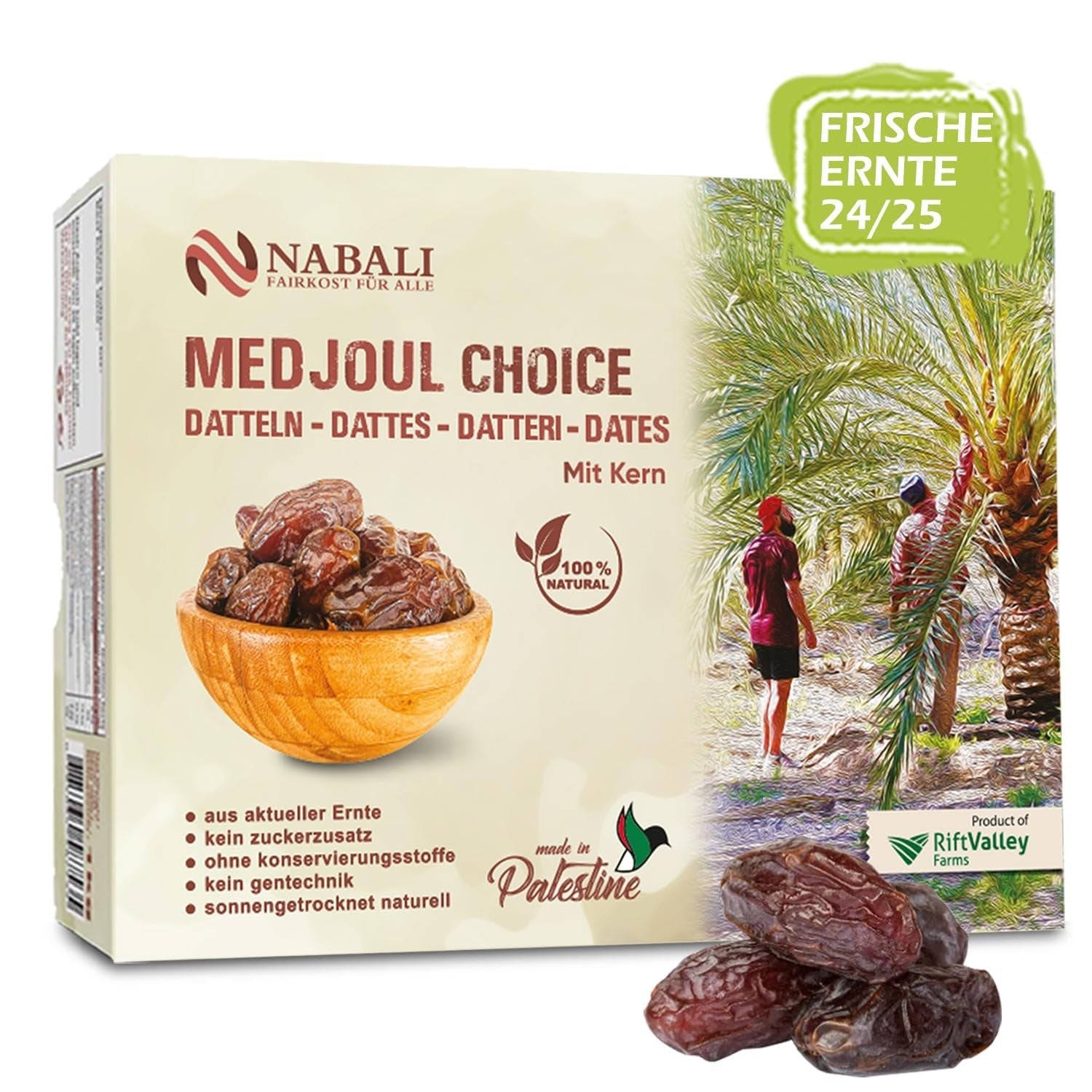NABALI FAIRKOST FOR ALLE Medjoul - Medjool Dates Choice I - 100% naturlig aromatisk frisk orientalsk blød I sød som honning og karamelliseret I Oprindelse: Palæstina I (1x1KG) Dehydrerede produkter Naty Shop 1 kg (1 pakke)