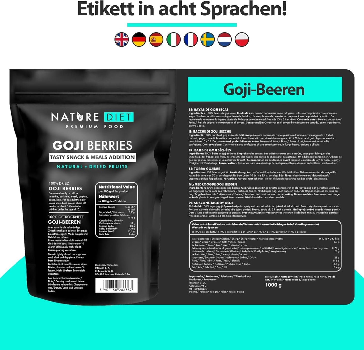 Nature Diet - Goji bær 1000 g | Tørrede bær | Sund snack Naty Shop dehydrerede produkter