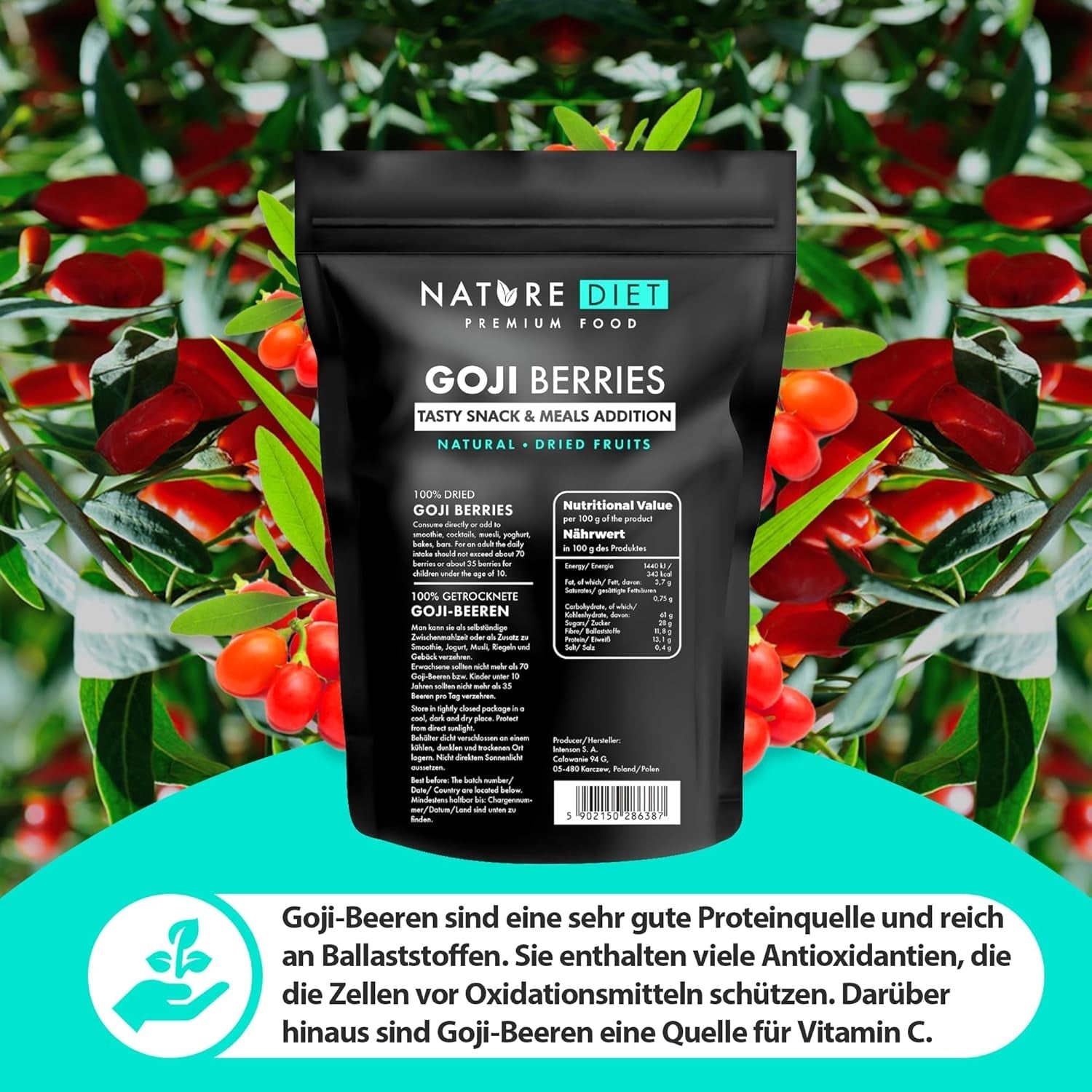 Nature Diet - Goji bær 1000 g | Tørrede bær | Sund snack Naty Shop dehydrerede produkter