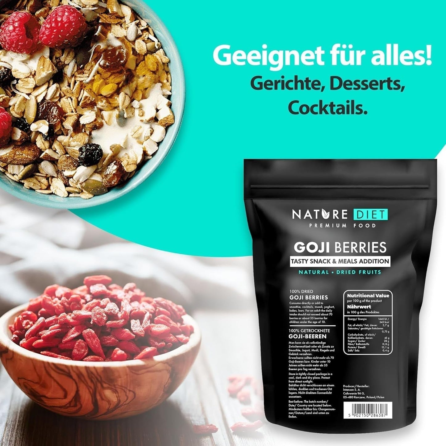 Nature Diet - Goji bær 1000 g | Tørrede bær | Sund snack Naty Shop dehydrerede produkter