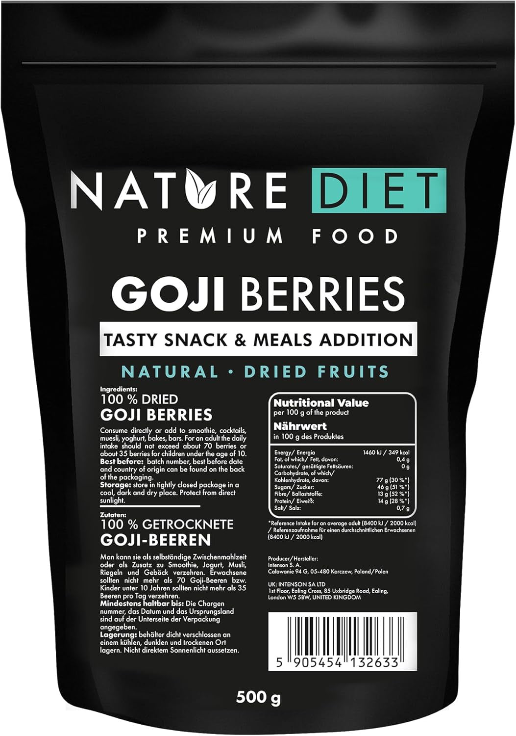 Nature Diet - Goji bær 1000 g | Tørrede bær | Sund snack Naty Shop dehydrerede produkter 500G