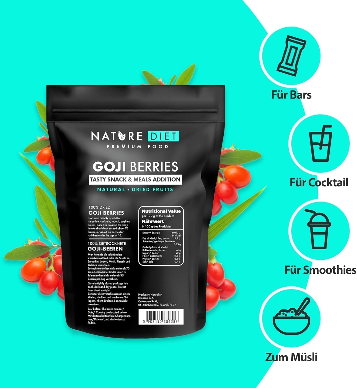 Nature Diet - Goji bær 1000 g | Tørrede bær | Sund snack Naty Shop dehydrerede produkter