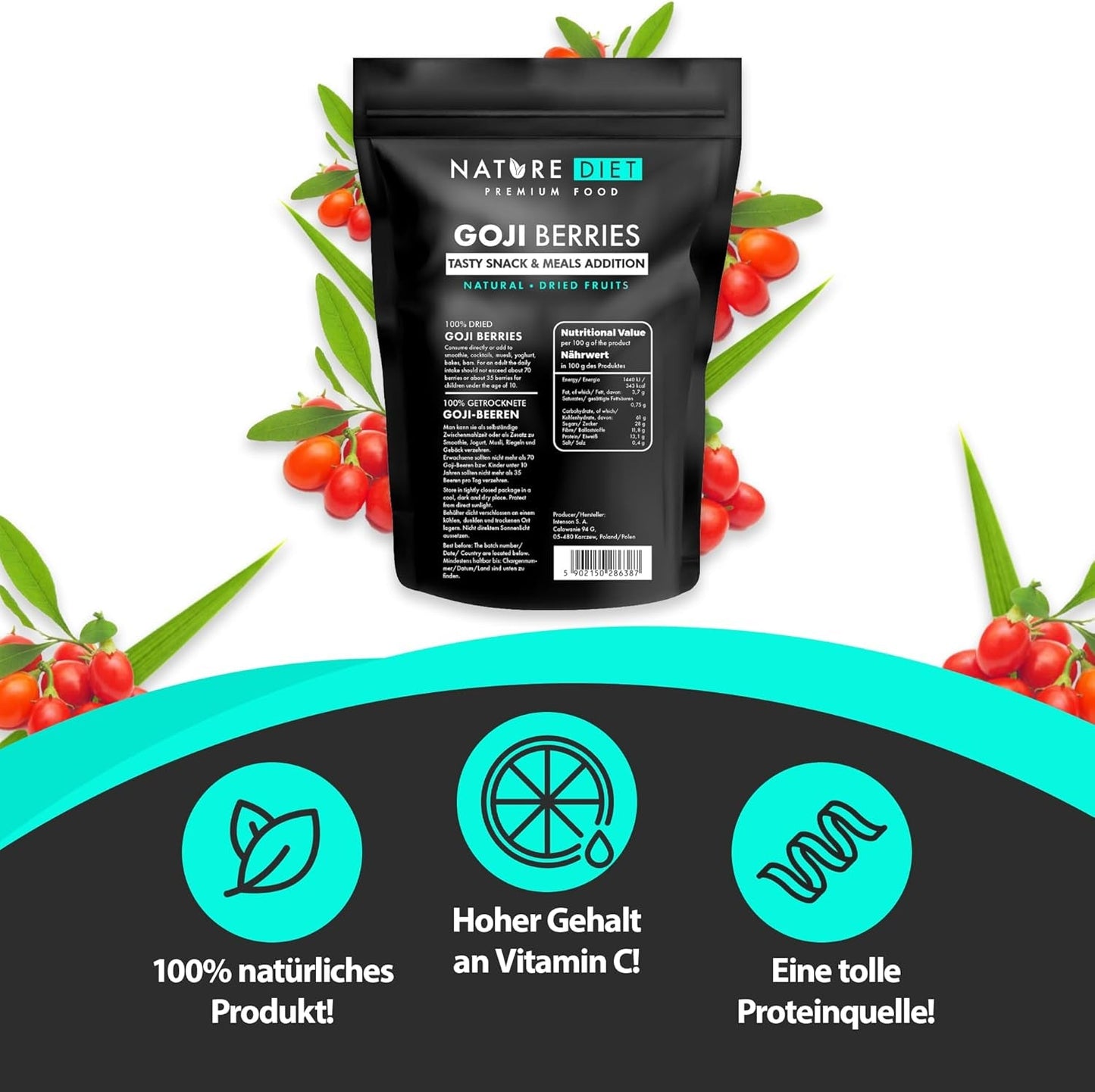 Nature Diet - Goji bær 1000 g | Tørrede bær | Sund snack Naty Shop dehydrerede produkter