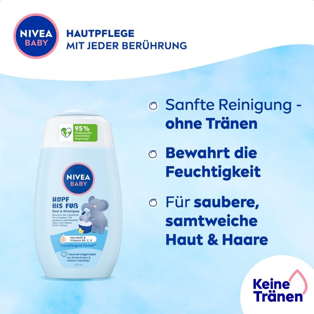 NIVEA BABY hoved til tå bad & shampoo, skånsom vegansk shampoo til børns hud og hår med mandelolie, afslappende shower gel med hypoallergen formel uden parabener og mikroplastik (200 ml) Børn - Bath and Skincare Naty Shop