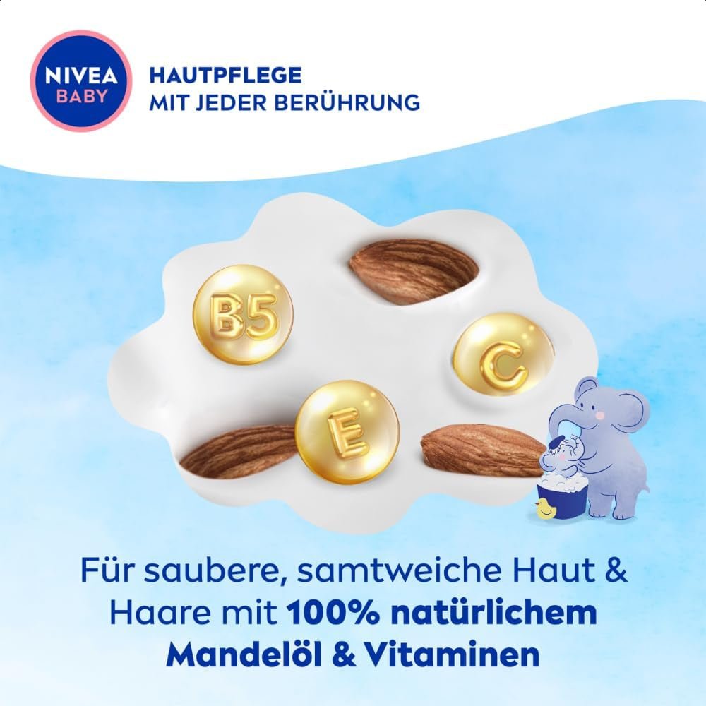 NIVEA BABY hoved til tå bad & shampoo, skånsom vegansk shampoo til børns hud og hår med mandelolie, afslappende shower gel med hypoallergen formel uden parabener og mikroplastik (200 ml) Børn - Bath and Skincare Naty Shop