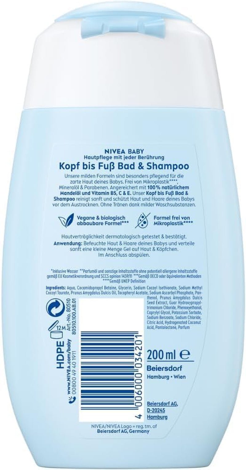 NIVEA BABY hoved til tå bad & shampoo, skånsom vegansk shampoo til børns hud og hår med mandelolie, afslappende shower gel med hypoallergen formel uden parabener og mikroplastik (200 ml) Børn - Bath and Skincare Naty Shop
