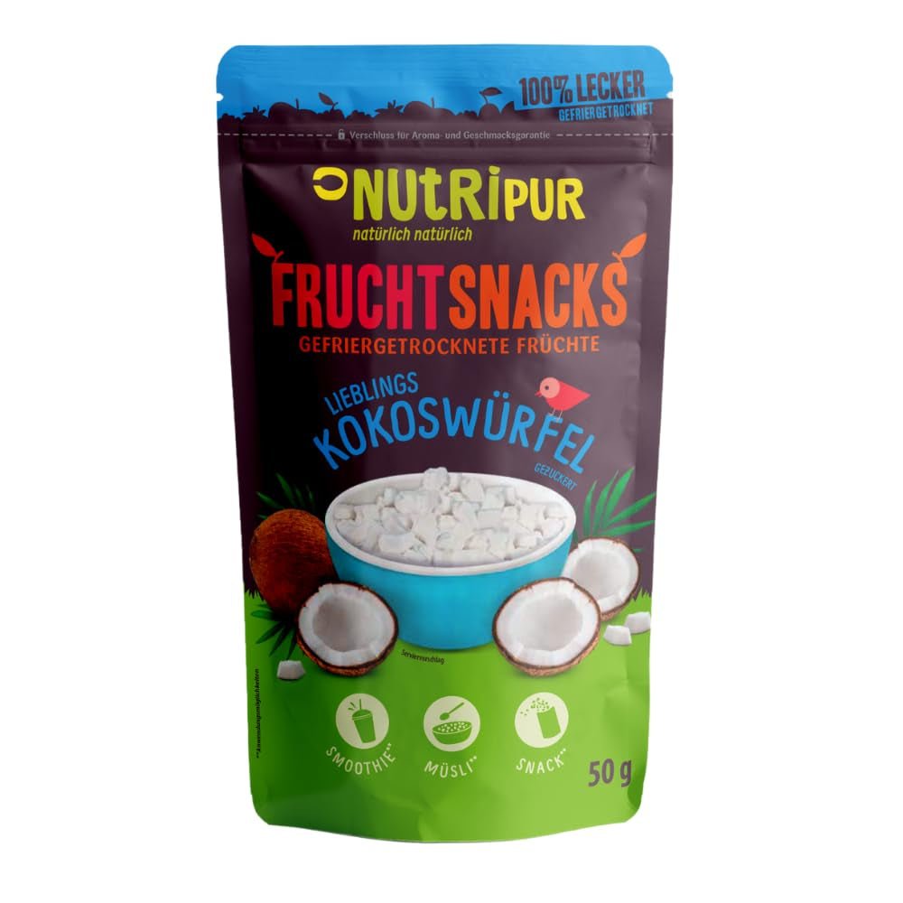 Frysetørret kokosnød: 50 g frysetørret frugt - veganske slik sødede kokosnøddeterninger - naturligt tørret frugt fra NutriPur Dehydrerede produkter Naty Shop Standard titel