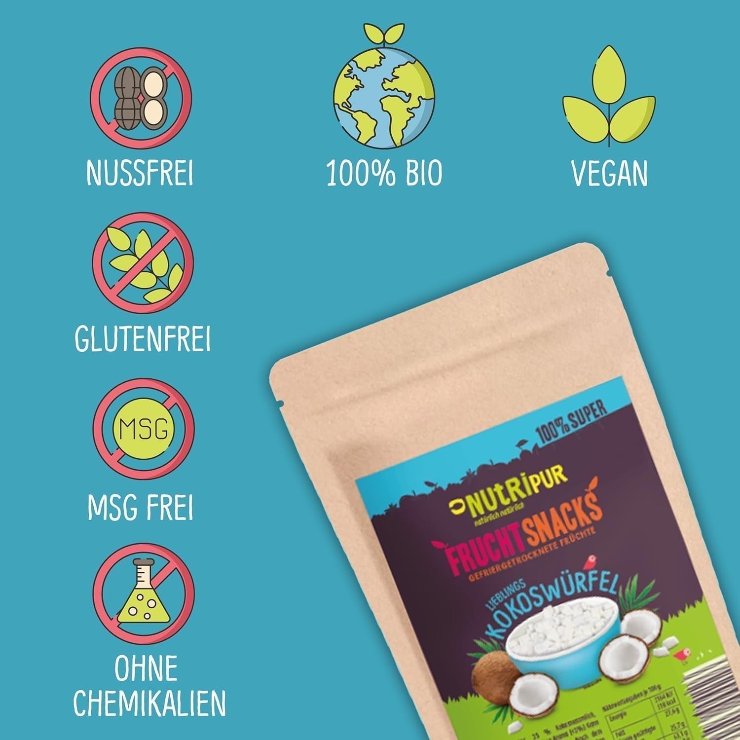 Frysetørret kokosnød: 50g frysetørret frugt - veganske slik sødede kokosnøddeterninger - naturligt tørret frugt fra NutriPur Dehydrerede produkter Naty Shop