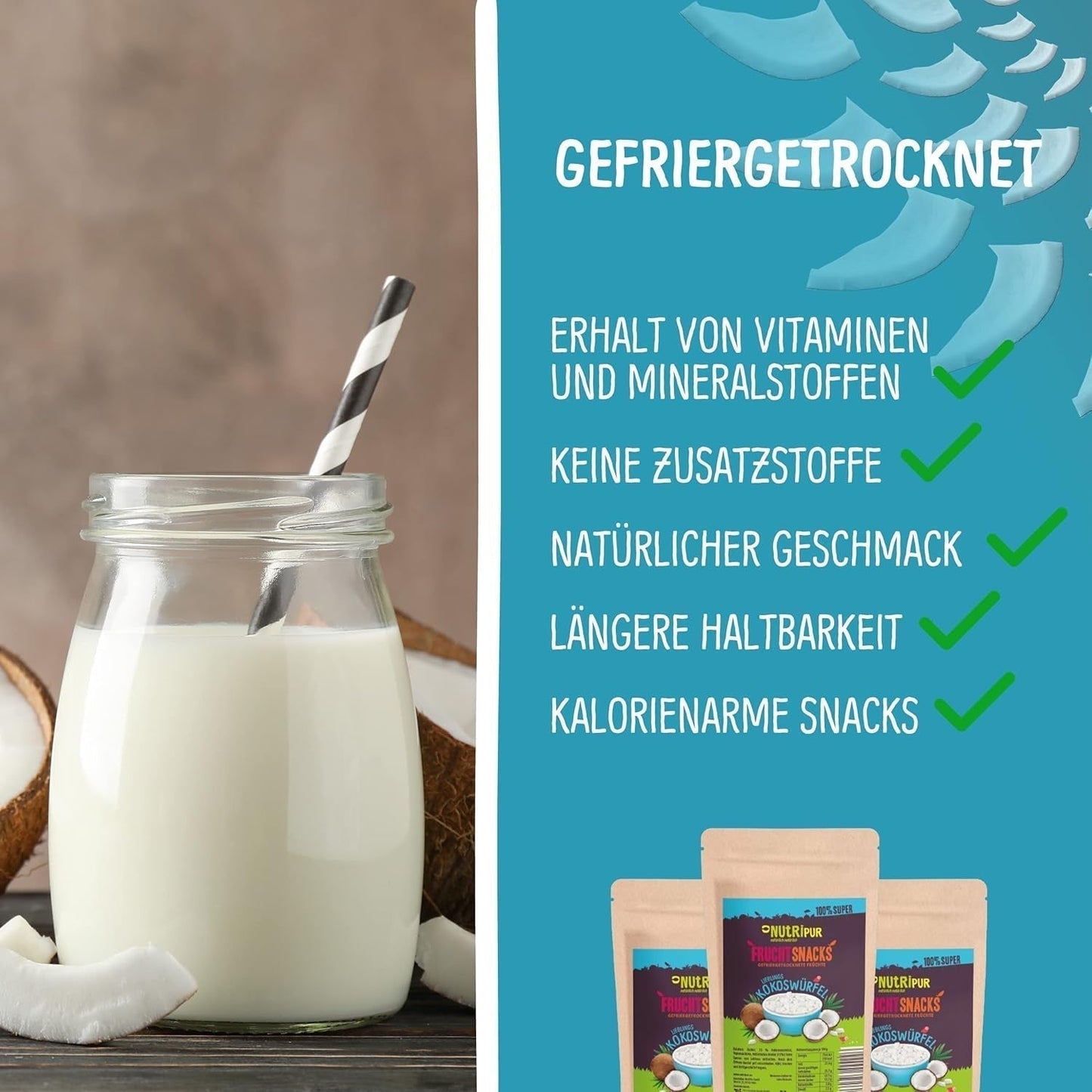 Frysetørret kokosnød: 50g frysetørret frugt - veganske slik sødede kokosnøddeterninger - naturligt tørret frugt fra NutriPur Dehydrerede produkter Naty Shop