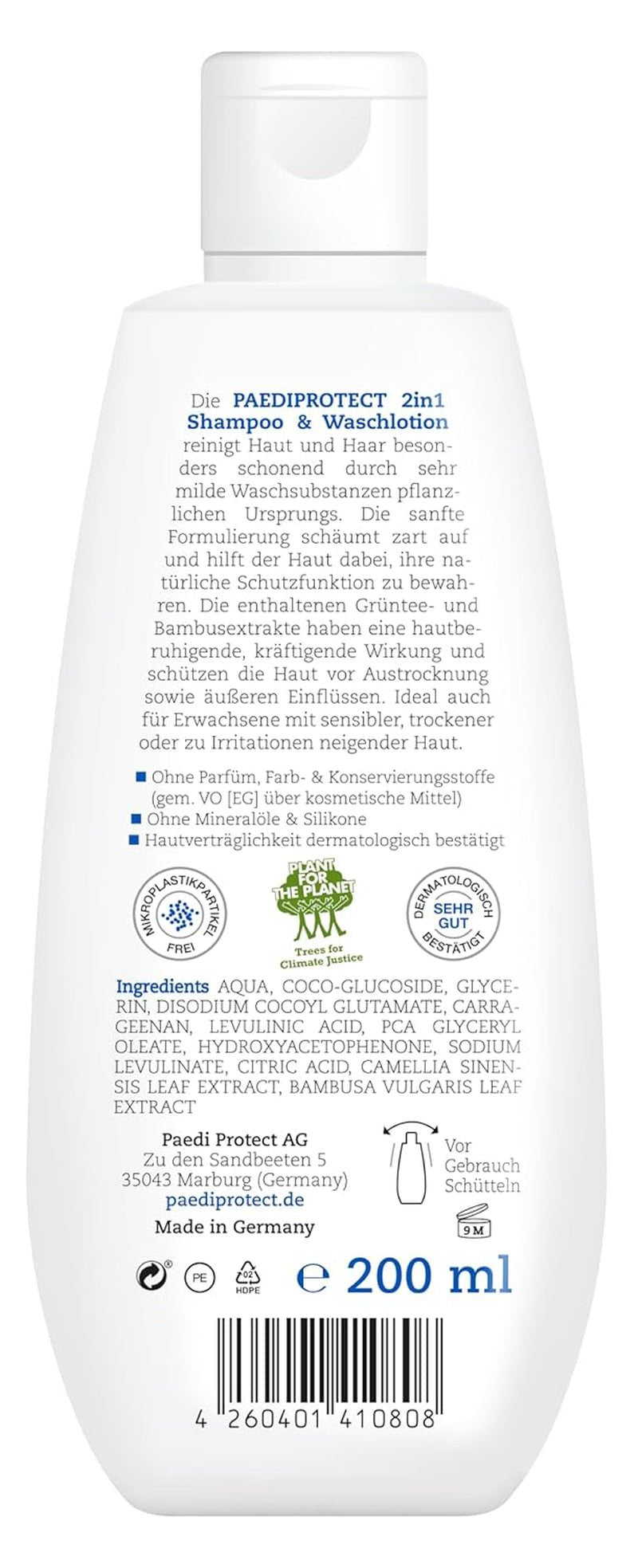 PAEDIPROTECT 2in1 shampoo og vaskelotion til babyer og børn 200 ml, skånsom rensning og hår uden parfume og mikroplastik, showergelen fugter tør og følsom hud, også til voksne Børn - Bad og hudpleje Naty Shop