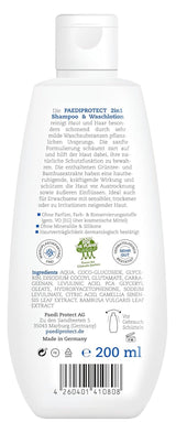 PAEDIPROTECT 2in1 shampoo og vaskelotion til babyer og børn 200 ml, skånsom rensning og hår uden parfume og mikroplastik, showergelen fugter tør og følsom hud, også til voksne Børn - Bad og hudpleje Naty Shop