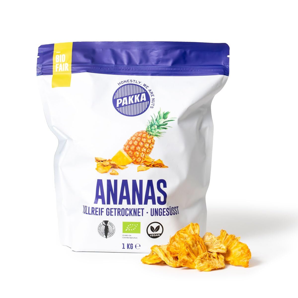 PAKKA økologisk og fair trade ananas stykker 1 kg, økologisk og fair trade tørret ananas, usødet, usulfuriseret, produceret og fyldt direkte af producenten i Colombia, vegansk 1000g Dehydrerede produkter Naty Shop Variant 2: 1 kg (1 pakke)