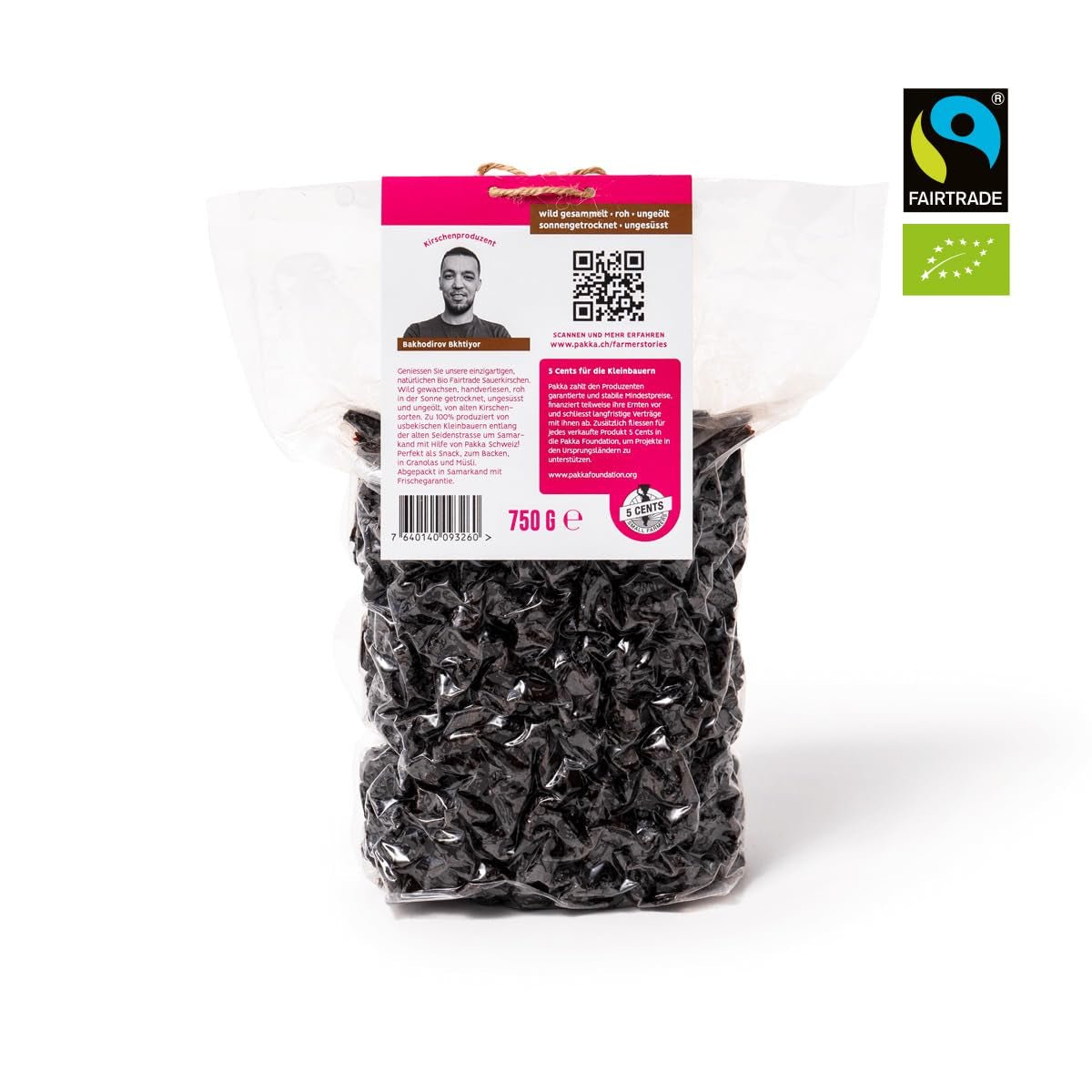 PAKKA - Soltørrede økologiske Fairtrade-kirsebær 750 g, vildhøstede økologiske kirsebær, usødede, usødede direkte fra små landmænd i Samarkand, Usbekistan, veganske, 750 g Naty Shop-dehydrerede produkter