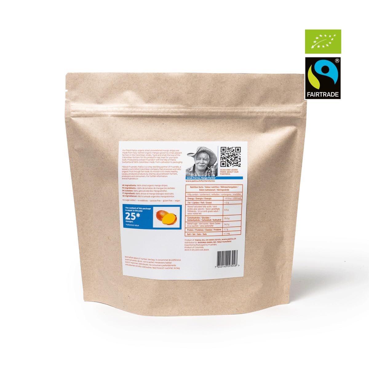 PAKKA økologiske fairtrade mangoer 1 kg, økologiske og fair tørrede mangostykker, usødet, usulfuriseret, produceret og fyldt direkte af producenten i Colombia, vegansk 1 kg (1 pakke) Dehydrerede produkter Naty Shop