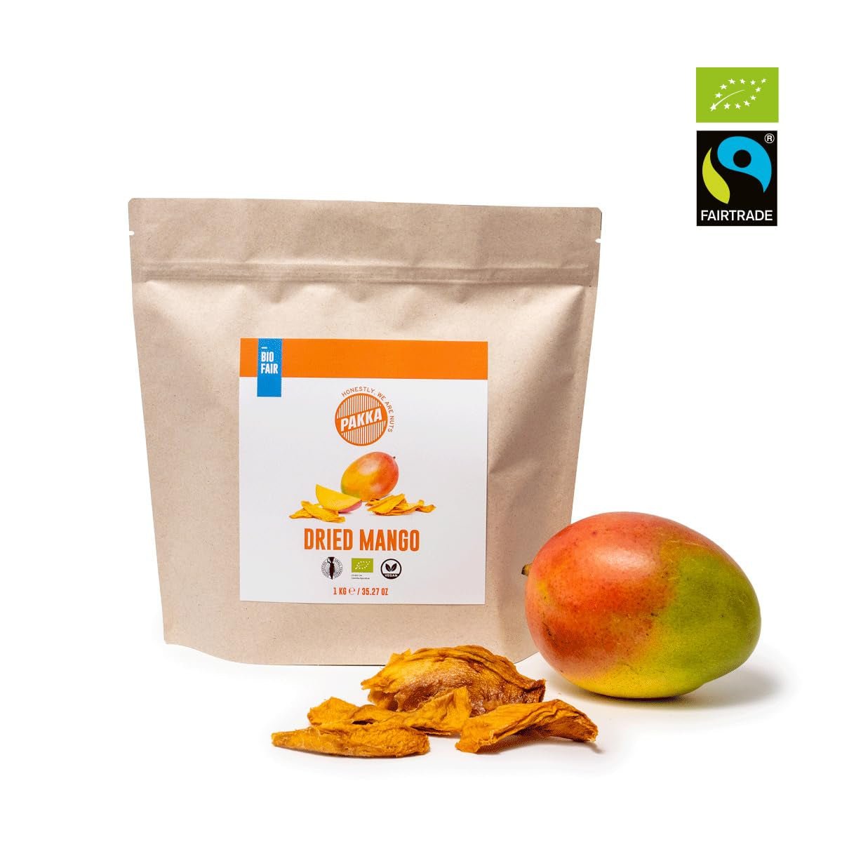 PAKKA økologiske fairtrade mangoer 1 kg, økologiske og fair tørrede mangostykker, usødet, usulfuriseret, produceret og fyldt direkte af producenten i Colombia, vegansk 1 kg (1 pakke) Dehydrerede produkter Naty Shop