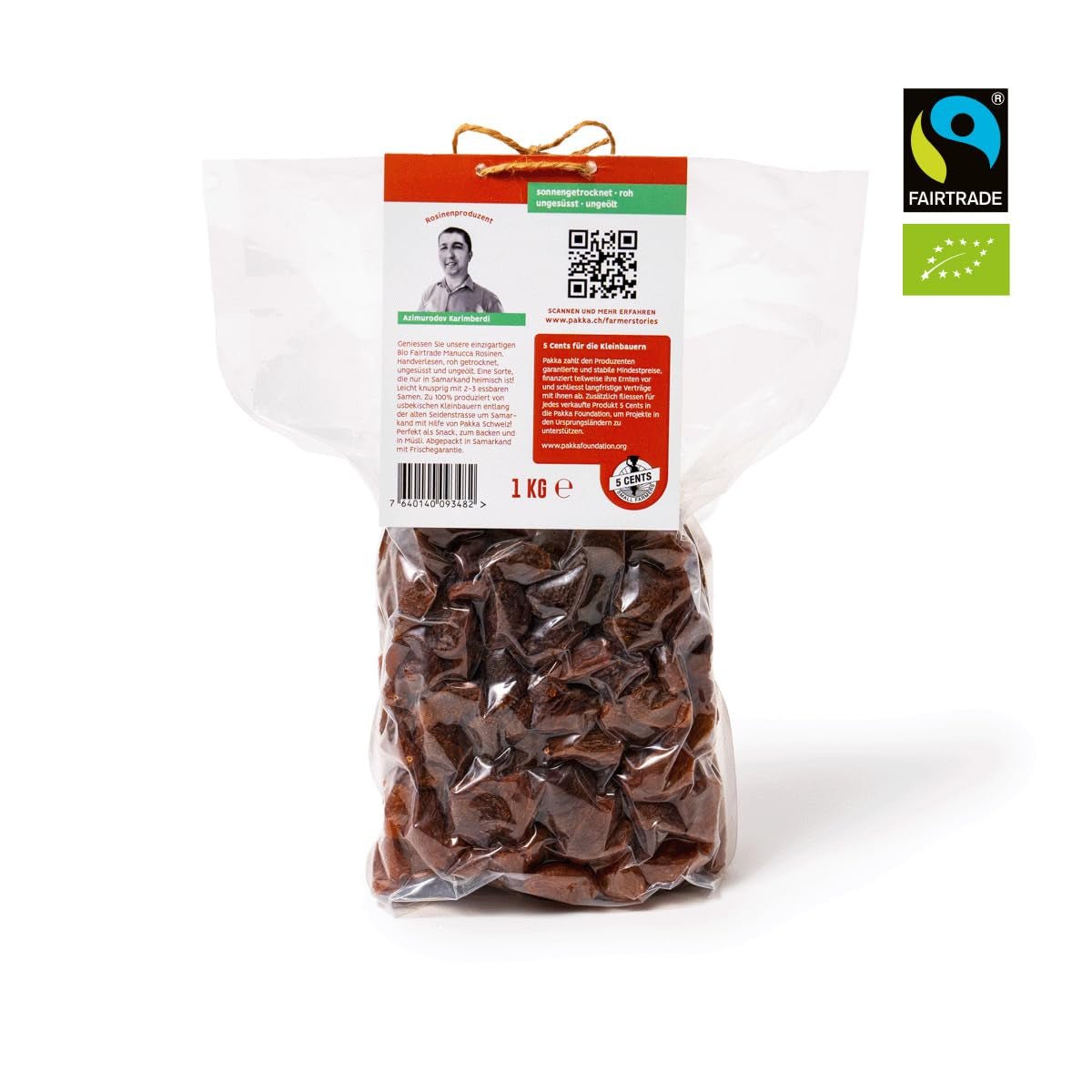 PAKKA - Økologiske Fairtrade Jumbo Manucca Rosiner 1 kg med 2 - 3 sprøde frø, soltørrede manucca druer, oliefri, så klistrede, usvovlede, fra små landmænd i Samarkand Usbekistan 1000g Dehydrerede produkter Naty Shop