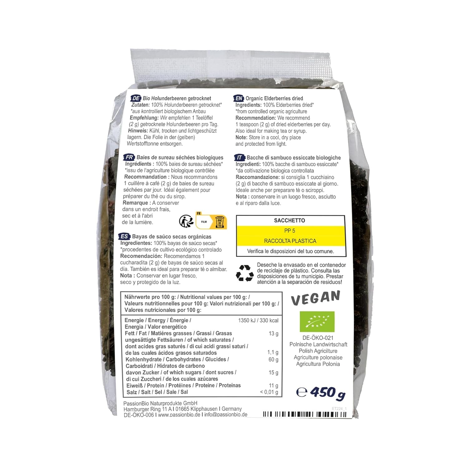 PassionBio Økologiske Tørrede Hyldebær 450 g - Sorte Hyldebær til Te og Sirup - Vegansk, Ingen Konserveringsmidler, Ingen Tilsat Sukker (Ifølge Loven) Dehydrerede Produkter Naty Shop