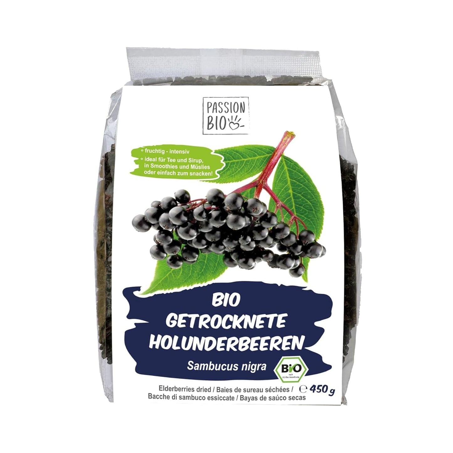 PassionBio økologiske tørrede hyldebær 450 g - Sorte hyldebær til te og sirup - Vegansk, ingen konserveringsmidler, uden tilsat sukker (ved lov) Dehydrerede produkter Naty Shop Standardtitel
