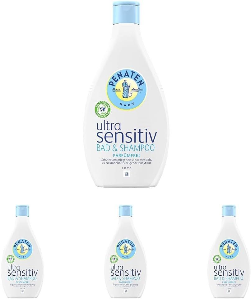 PENATEN Ultra Sensitive Bath & Shampoo (400 ml), bad og shampoo til babyer specielt skånsom til den meget følsomme hud hos babyer, der er udsat for neurodermatitis, shower gel og hårshampoo uden parfume og farvestoffer Børn - Bath and Skincare Naty Shop 400 Ml (pakke med 4) Vaskegelé