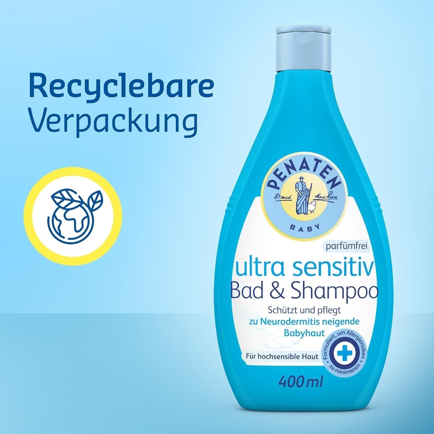 PENATEN Ultra Sensitive Bath & Shampoo (400 ml), særligt skånsomt babybad og shampoo til den meget følsomme hud hos babyer, der er udsat for neurodermatitis, duft- og farvefri showergel og hårshampoo Børn - Bath and Skincare Naty Shop
