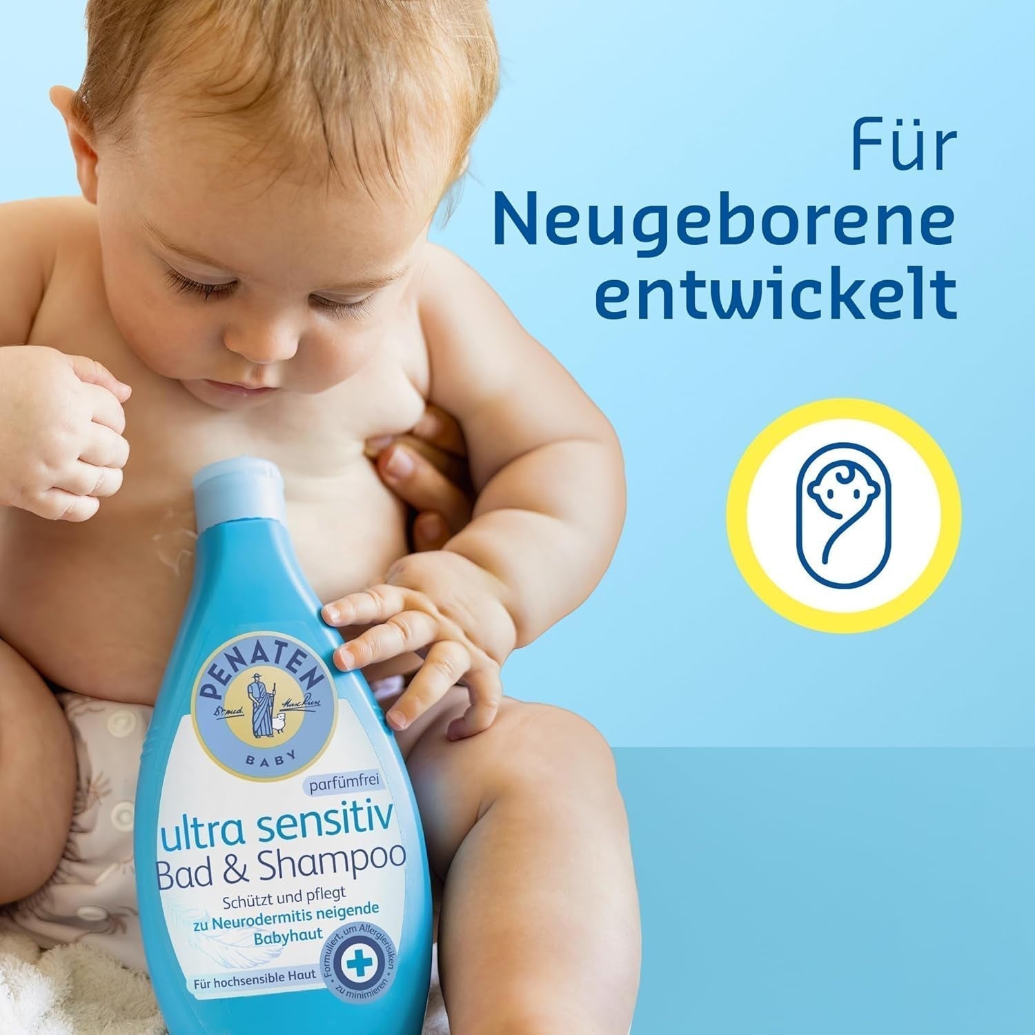 PENATEN Ultra Sensitive Bath & Shampoo (400 ml), særligt skånsomt babybad og shampoo til den meget følsomme hud hos babyer, der er udsat for neurodermatitis, duft- og farvefri showergel og hårshampoo Børn - Bath and Skincare Naty Shop
