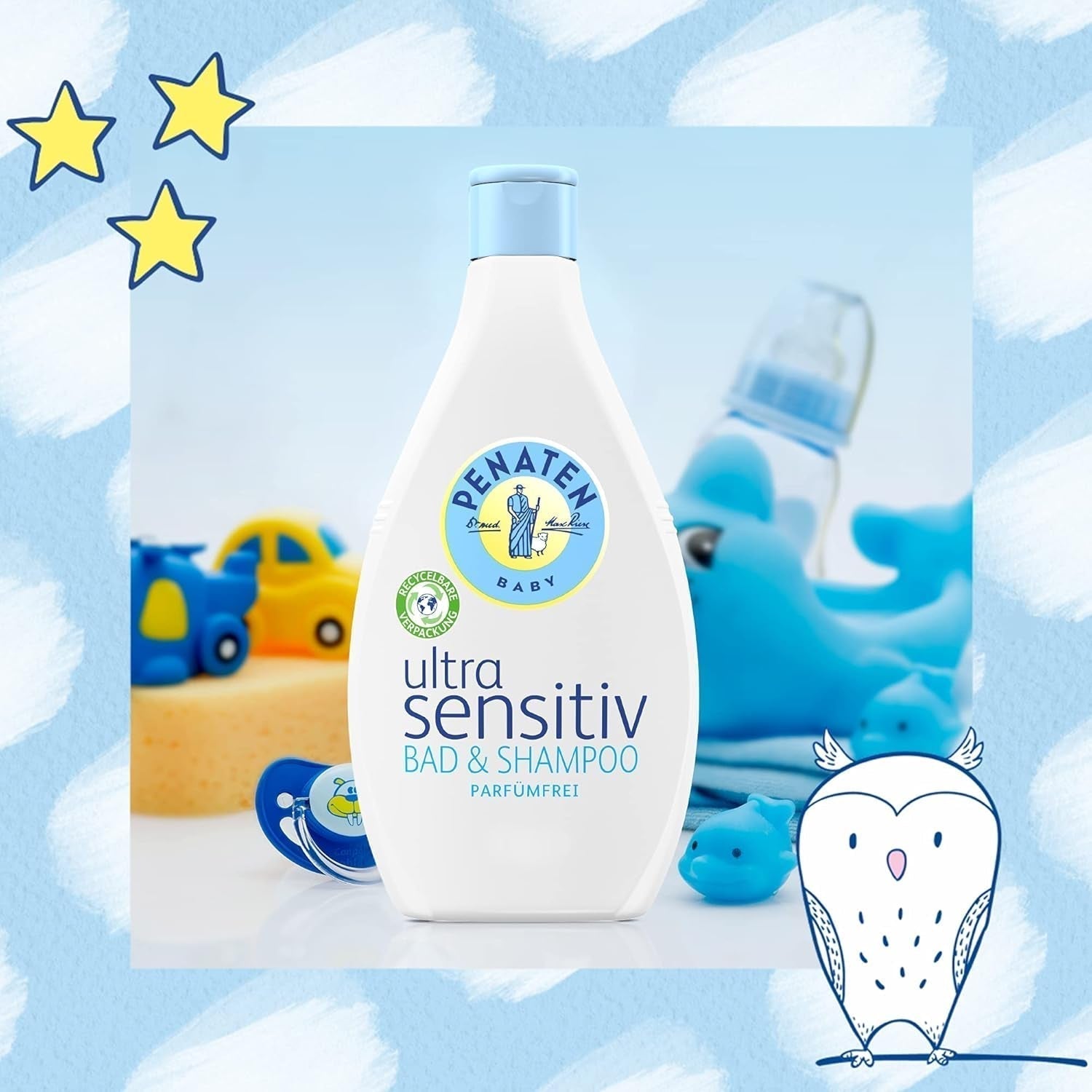 PENATEN Ultra Sensitive Bath & Shampoo (400 ml), særligt skånsomt babybad og shampoo til den meget følsomme hud hos babyer, der er udsat for neurodermatitis, duft- og farvefri showergel og hårshampoo Børn - Bath and Skincare Naty Shop