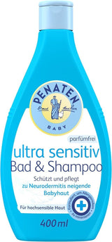 PENATEN Ultra Sensitive Bath & Shampoo (400 ml), babybad og shampoo specielt skånsom til den meget følsomme hud hos babyer, der er udsat for neurodermatitis, shower gel og hårshampoo uden parfume og farvestoffer Børn - Bath and Skincare Naty Shop 400 Ml (1 pakke) Vaskegelé