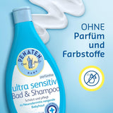 PENATEN Ultra Sensitive Bath & Shampoo (400 ml), særligt skånsomt babybad og shampoo til den meget følsomme hud hos babyer, der er udsat for neurodermatitis, duft- og farvefri showergel og hårshampoo Børn - Bath and Skincare Naty Shop