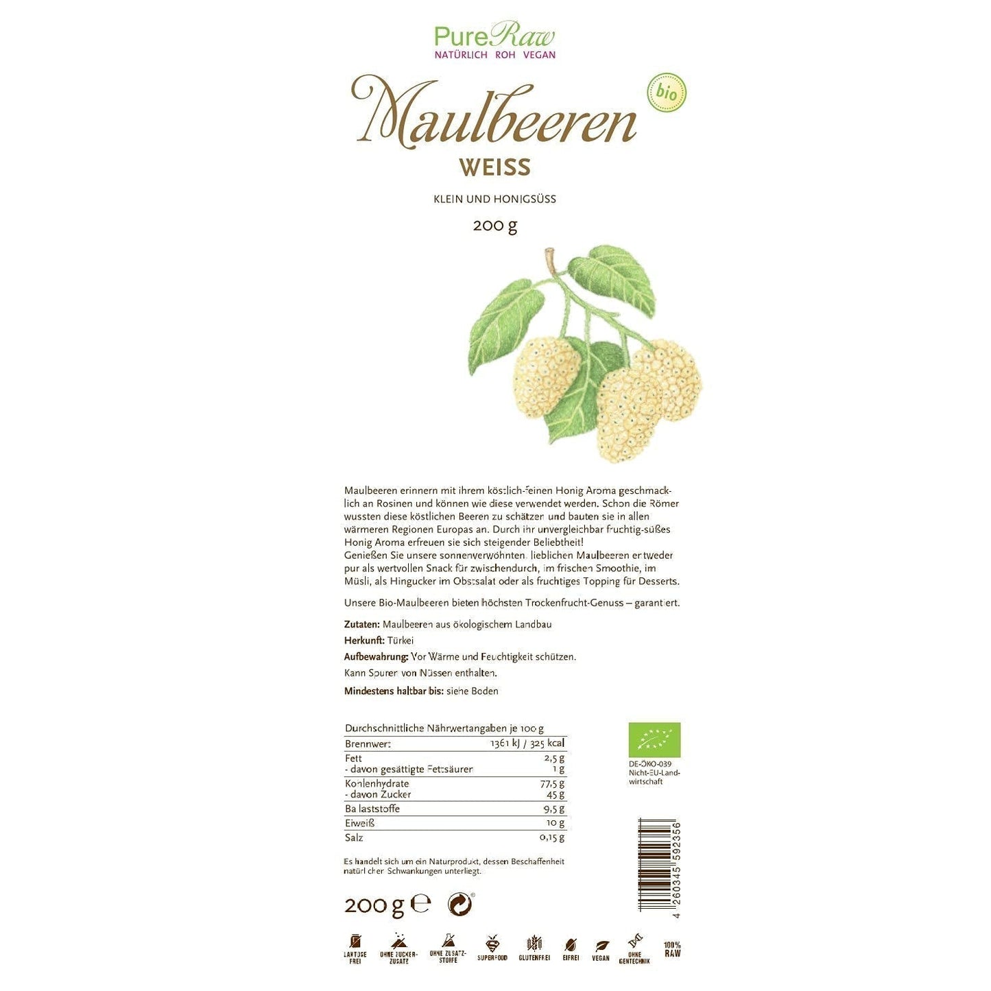 Premium økologiske tørrede (rå veganske) hvide morbær Morus Alba Mulberry Frugt - Tørrede frugter uden tilsat sukker fra Tyrkiet - Økologiske rå hvide morbær Tørrede frugter | PureRaw 200g Naty Shop dehydrerede produkter