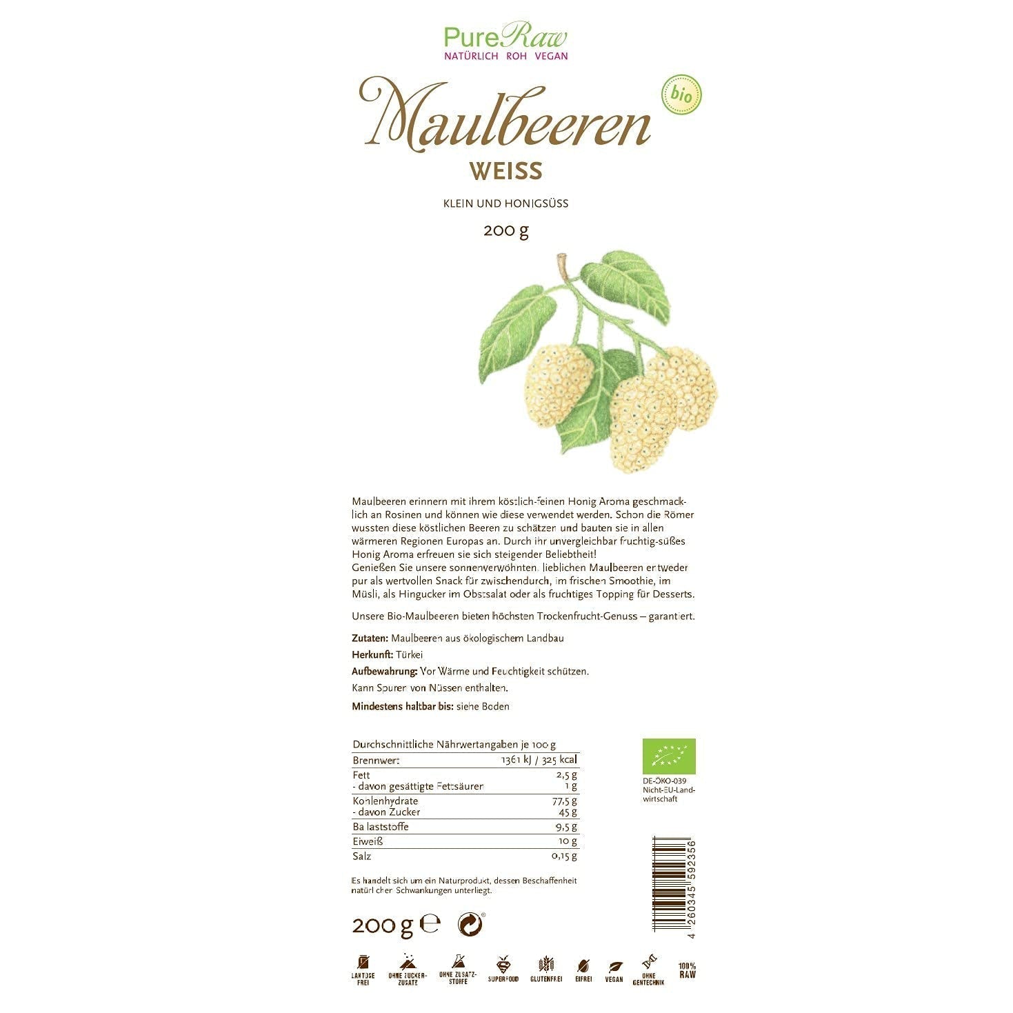 Premium økologiske tørrede (rå veganske) hvide morbær Morus Alba Mulberry Frugt - Tørrede frugter uden tilsat sukker fra Tyrkiet - Økologiske rå hvide morbær Tørrede frugter | PureRaw 200g Naty Shop dehydrerede produkter
