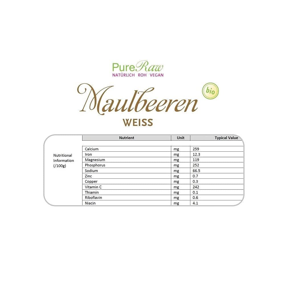 Premium økologiske tørrede (rå veganske) hvide morbær Morus Alba Mulberry Frugt - Tørrede frugter uden tilsat sukker fra Tyrkiet - Økologiske rå hvide morbær Tørrede frugter | PureRaw 200g Naty Shop dehydrerede produkter