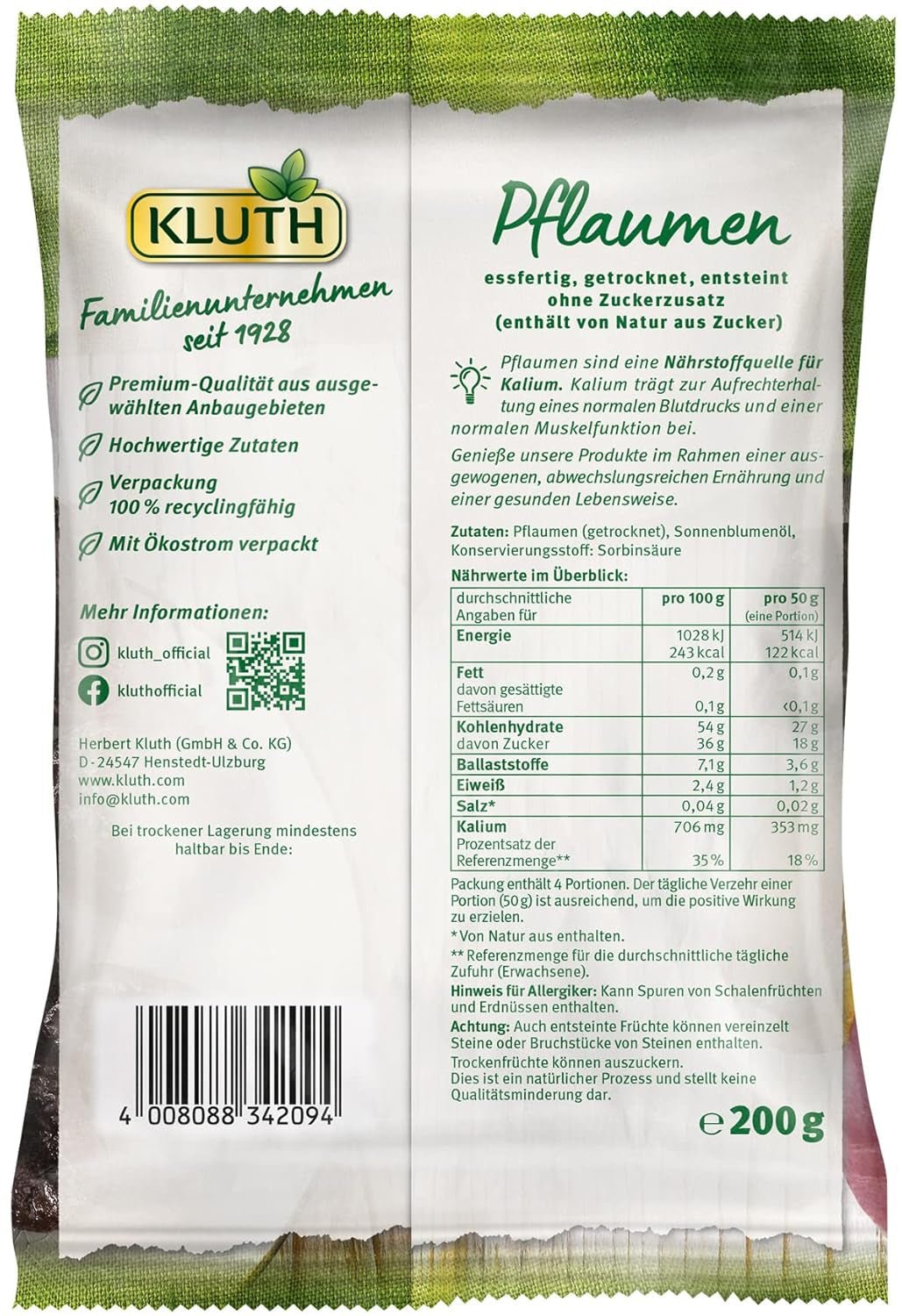 Blommer med sten 200g - Aromatisk, frugtagtig og naturlig sød - Vegansk, usvovlet, uden sten og uden tilsat sukker - Nutri-Score A (1 x 200g) Dehydrerede produkter Naty Shop