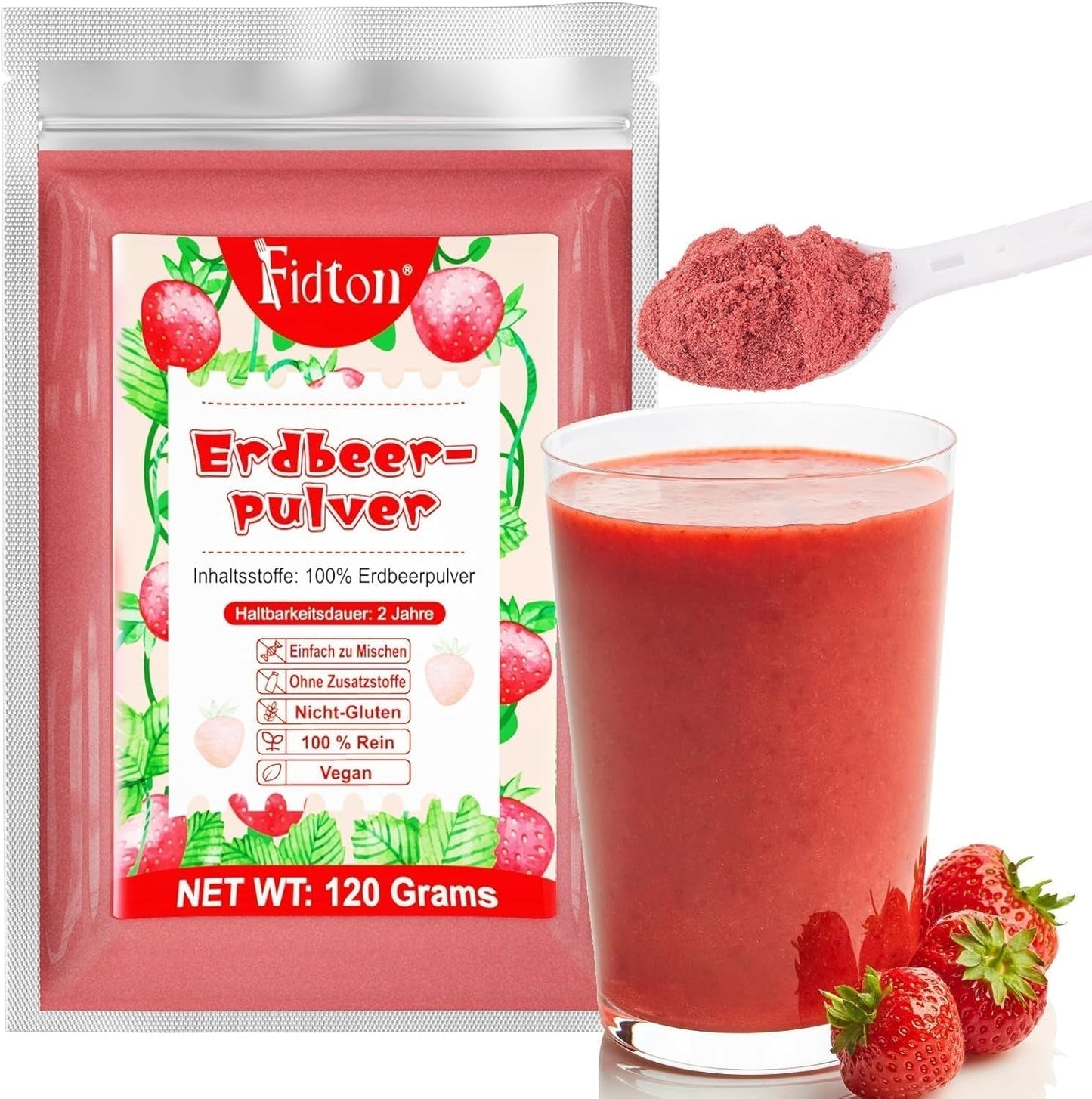 Jordbærpulver 120g - 100% naturlige jordbær Frysetørrede, uden tilsætningsstoffer Nem blanding Nærende, frysetørrede jordbær til is, kager, smoothies, drinks, smagspulver Tørrede produkter Naty Shop 120G Jordbær