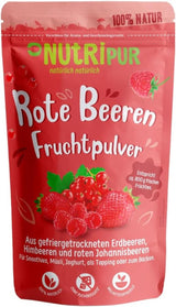 Rød frugtpulver: 100 g hindbær, ribs og frysetørrede jordbær - tørret frugt uden tilsat sukker, ingen blæk - smoothieskål, smoothiepulver - topping fra NutriPur Dehydrerede produkter Naty Shop Standardtitel