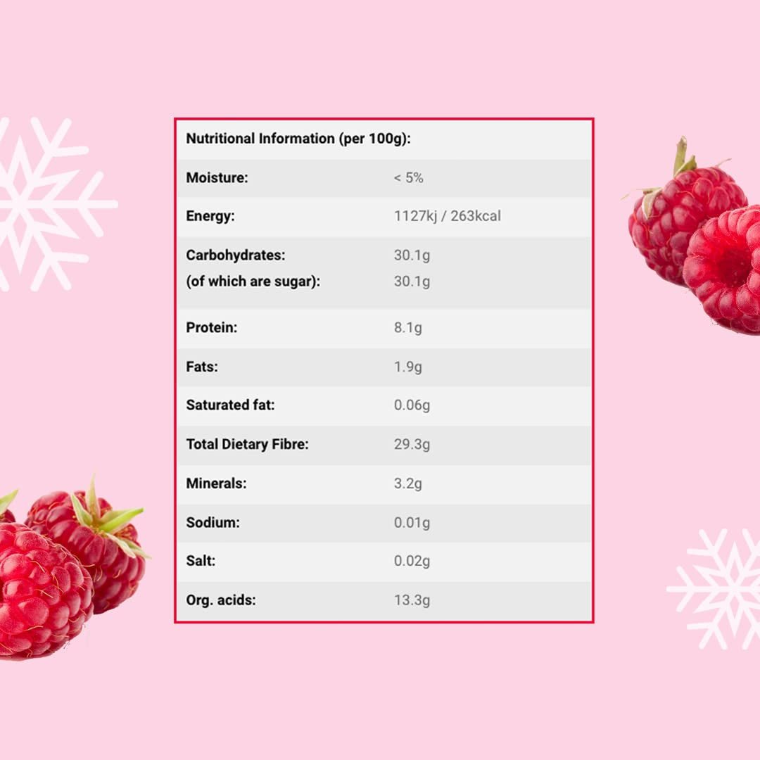 Frysetørret hindbærpulver 100g - Frysetørret frugtpulver - Frysetørret hindbærpulver til bagning, smoothies og mysli - 100% naturlig hindbærpulver uden tilsætningsstoffer Dehydrerede produkter Naty Shop