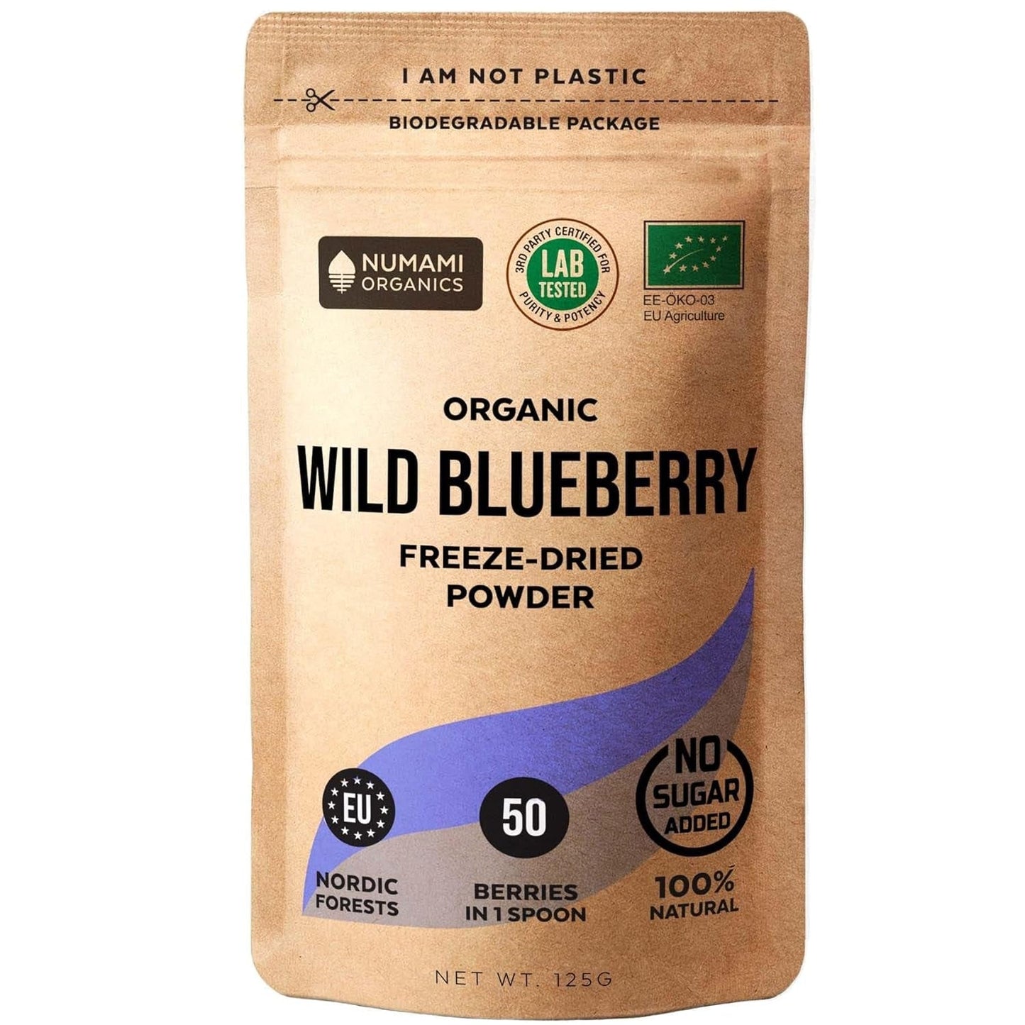Økologisk vilde blåbærpulver, frysetørrede hele blåbær, 100 % rå fødevarekvalitet, rig på antioxidanter og C-vitamin, uden tilsat sukker, høstet i Nordeuropa Naty Shop Dehydrerede produkter 125 g
