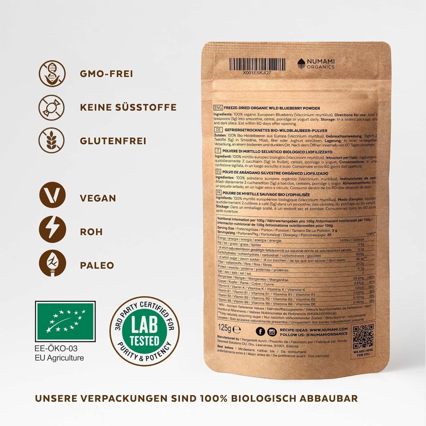 Økologisk vilde blåbærpulver, frysetørrede hele blåbær, 100 % rå fødevarekvalitet, rig på antioxidanter og C-vitamin, uden tilsat sukker, høstet i Nordeuropa Tørrede produkter Naty Shop