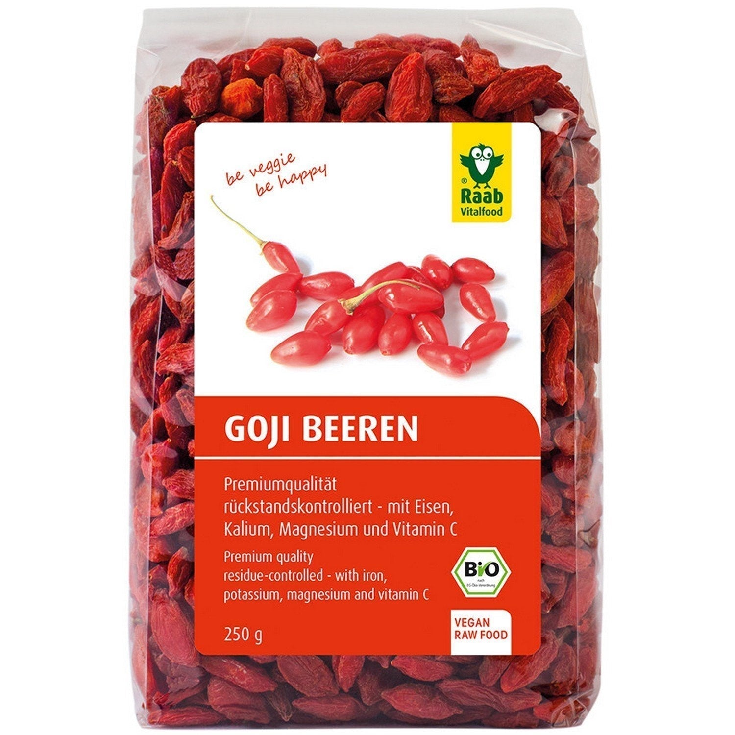 Raab Vitalfood Økologiske gojibær, høj kvalitet, restkontrolleret, laboratorietestet, svovlfri, ingen tilsætningsstoffer, vegansk, rig på naturligt jern, kalium, vitamin C, ulvebær, 1 pakke (250 g) Naty Shop Dehydrerede produkter 250 gram