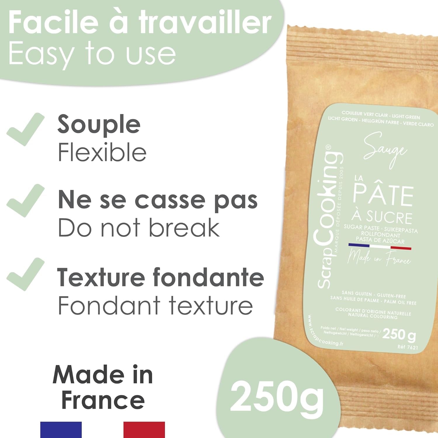 ScrapCooking - Pâte Ã Sucre Vert Sauge 250 g - Colorant d'Origine Naturelle - Sans Gluten, Sans Huile de Palme - Pour Gâteaux, Pâtisseries Anniversaire - Vert Pastel - Fabrikie en France - 7621 Sukkerpasta Naty Shop