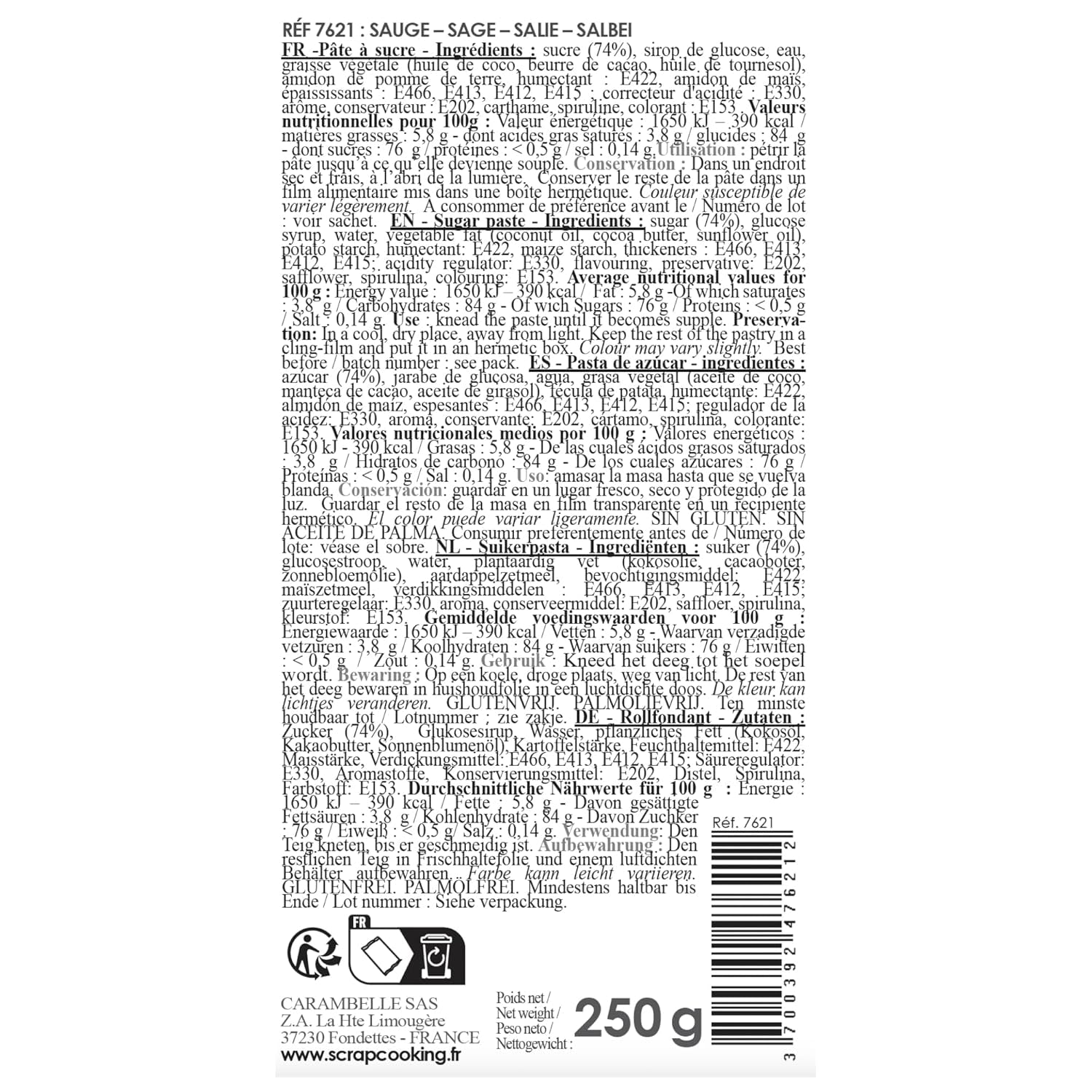 ScrapCooking - Pâte Ã Sucre Vert Sauge 250 g - Colorant d'Origine Naturelle - Sans Gluten, Sans Huile de Palme - Pour Gâteaux, Pâtisseries Anniversaire - Vert Pastel - Fabrikie en France - 7621 Sukkerpasta Naty Shop