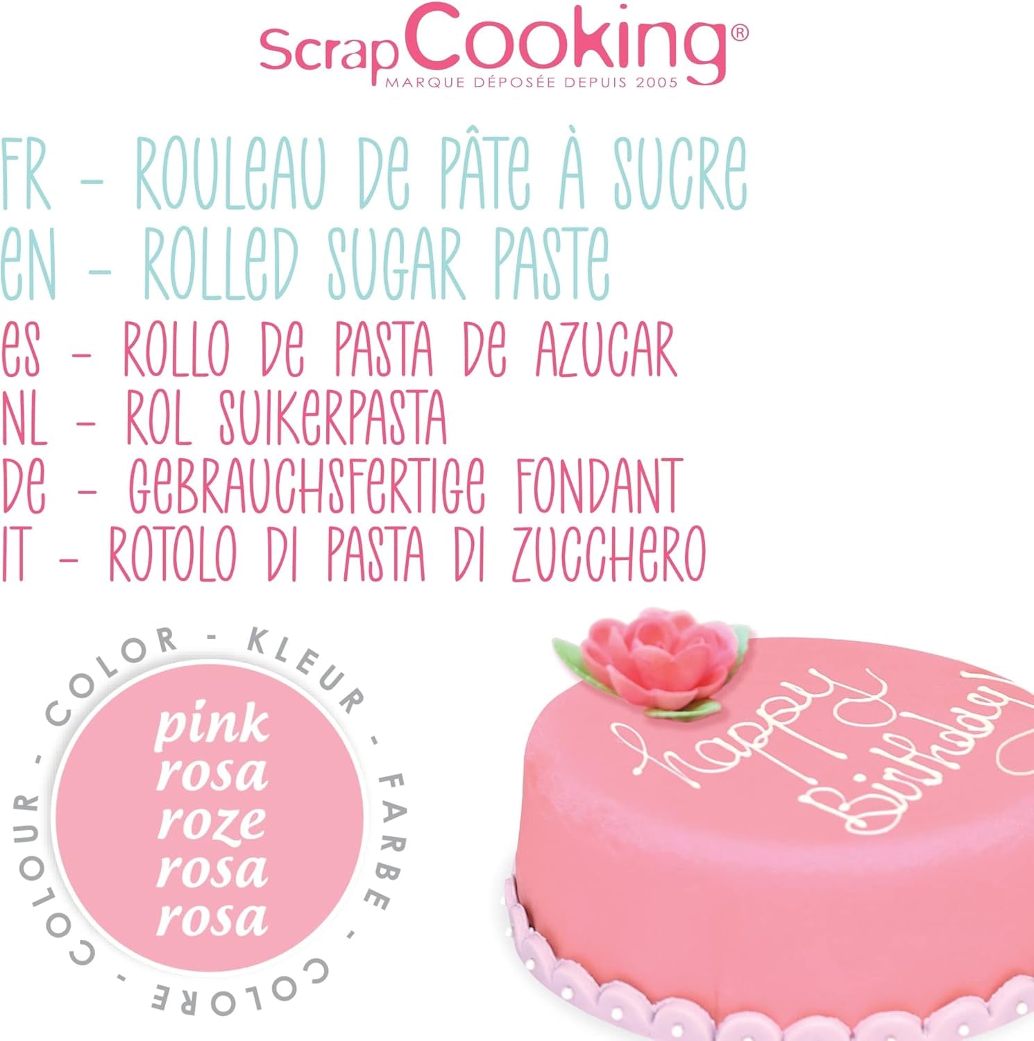 ScrapCooking - Pink fondant rulle â'¬ 36 cm - Rullet sort fondant 430 g - Kage topper fondant topper dekoration til kager, bagning, fødselsdage, fester - Pink - 7264 Sukkerpasta Naty Shop