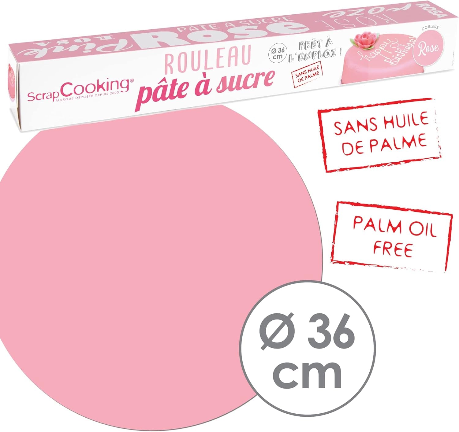 ScrapCooking - Pink fondant rulle â'¬ 36 cm - Rullet sort fondant 430 g - Kage topper fondant topper dekoration til kager, bagning, fødselsdage, fester - Pink - 7264 Sukkerpasta Naty Shop