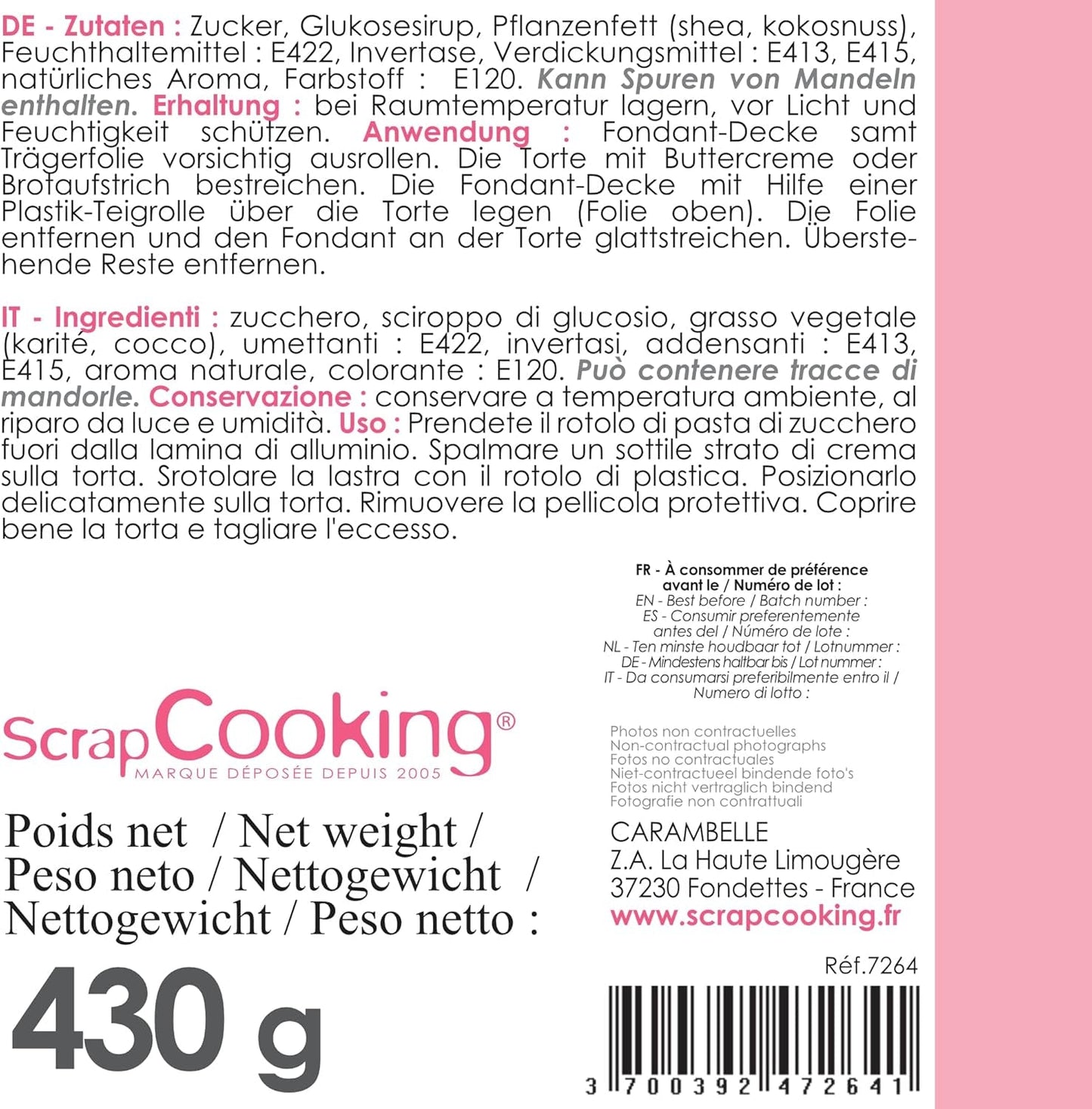 ScrapCooking - Pink fondant rulle â'¬ 36 cm - Rullet sort fondant 430 g - Kage topper fondant topper dekoration til kager, bagning, fødselsdage, fester - Pink - 7264 Sukkerpasta Naty Shop