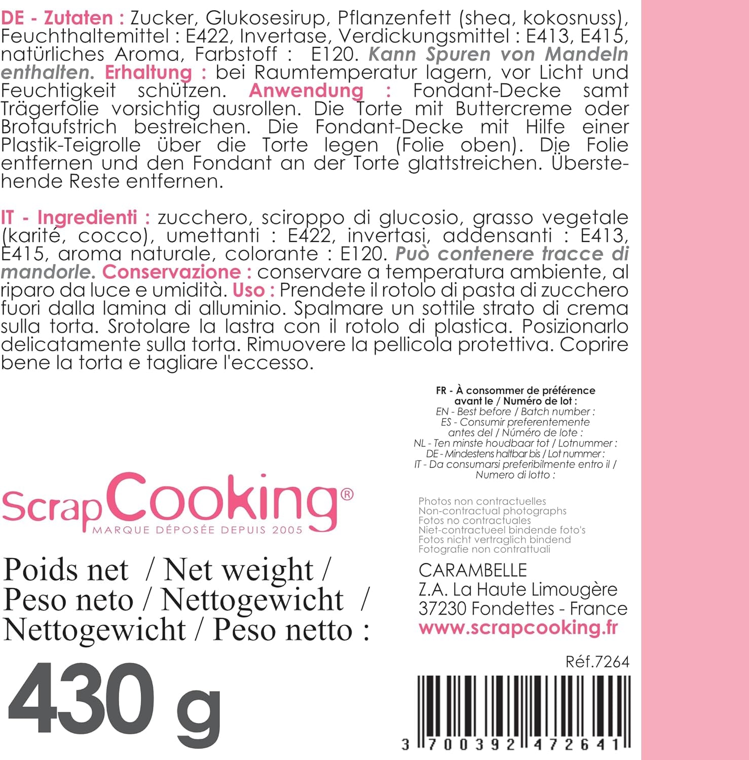 ScrapCooking - Pink fondant rulle â'¬ 36 cm - Rullet sort fondant 430 g - Kage topper fondant topper dekoration til kager, bagning, fødselsdage, fester - Pink - 7264 Sukkerpasta Naty Shop