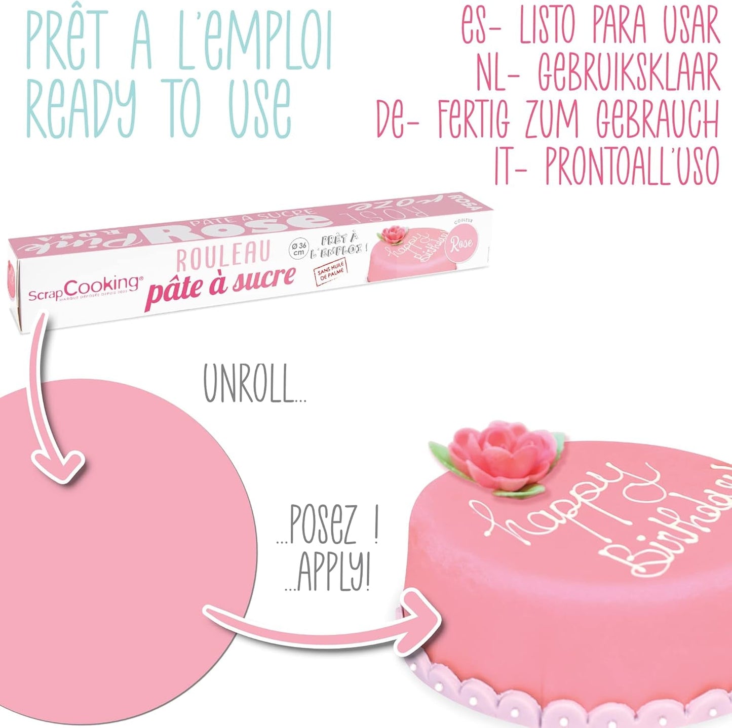 ScrapCooking - Pink fondant rulle â'¬ 36 cm - Rullet sort fondant 430 g - Kage topper fondant topper dekoration til kager, bagning, fødselsdage, fester - Pink - 7264 Sukkerpasta Naty Shop
