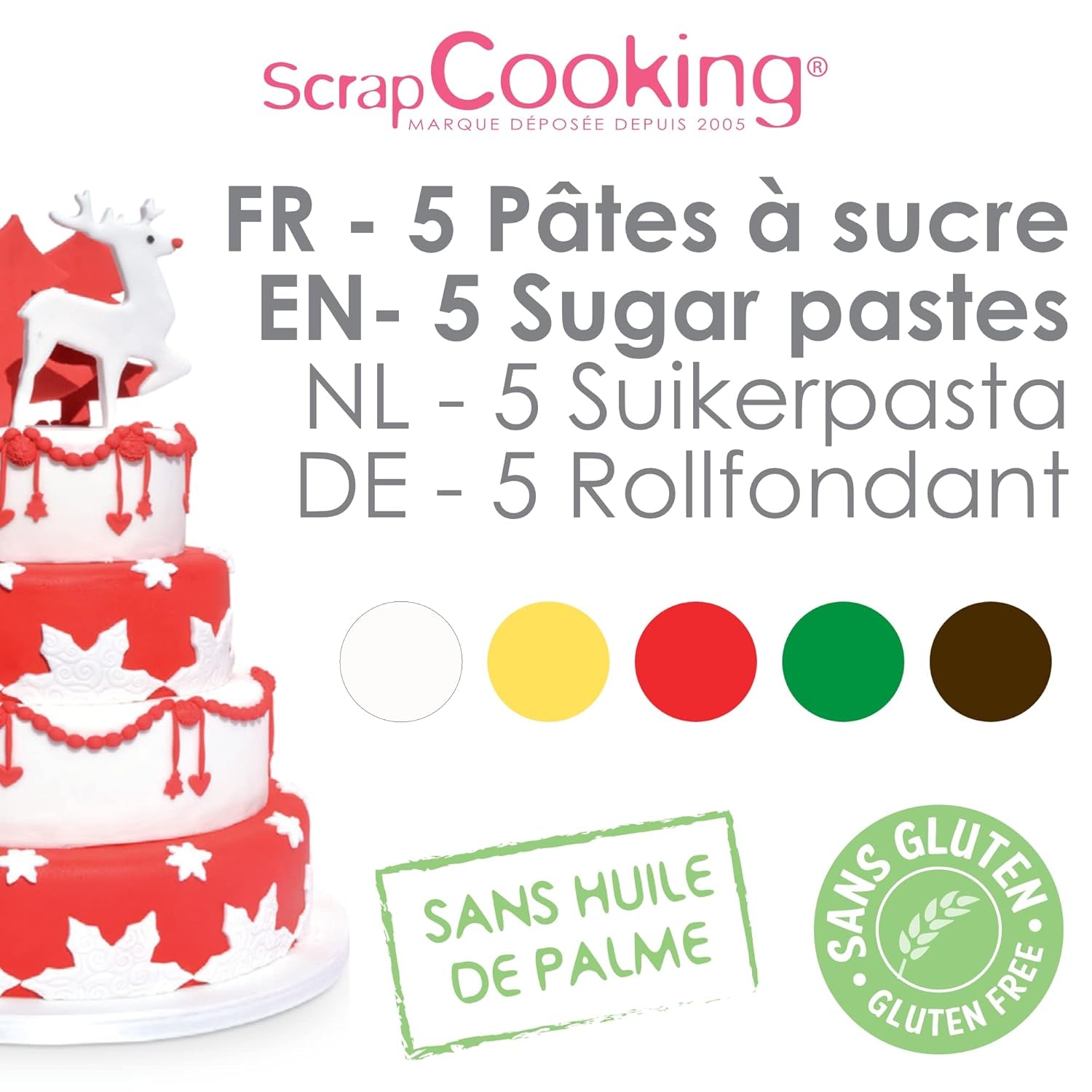 ScrapCooking - Sæt med 5 Fondant - hvid, gul, rød, grøn og brun - 5 x 80g - sukkerpasta til kager Kagepynt Fødselsdagsjul - glutenfri og palmeoliefri - 7257 Naty Shop Sugarpaste