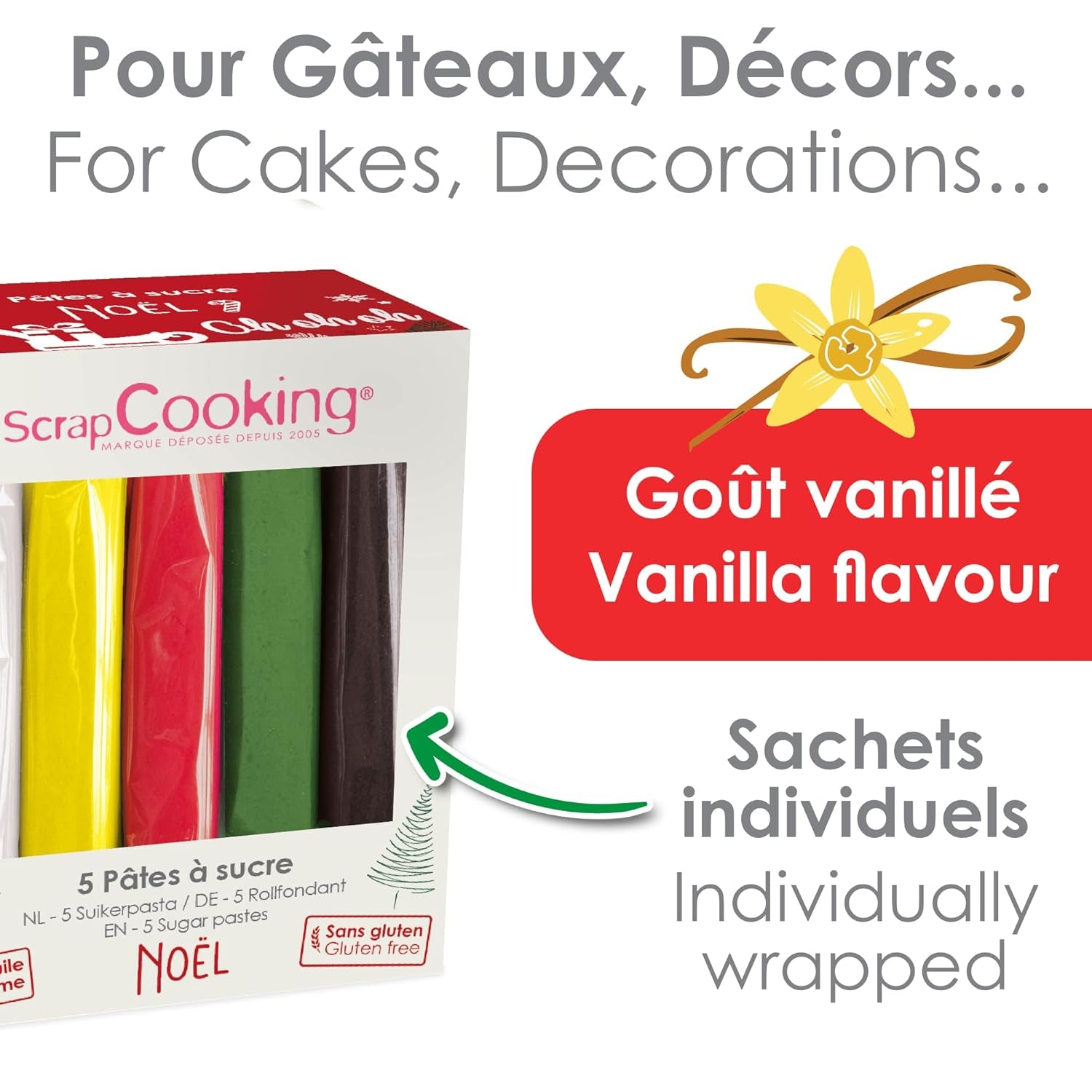 ScrapCooking - Sæt med 5 Fondant - hvid, gul, rød, grøn og brun - 5 x 80g - sukkerpasta til kager Kagepynt Fødselsdagsjul - glutenfri og palmeoliefri - 7257 Naty Shop Sugarpaste